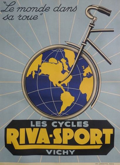 ANONYME CYCLES RIVA-SPORT-VICHY.”Le monde dans sa roue” Imprimerie Lafayette, Paris...