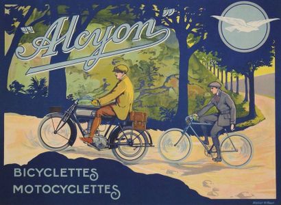 ANONYME ALCYON.”Bicyclettes-Motocyclettes” Atelier H.Rout - 36 x 50 cm - Entoilée,bon...