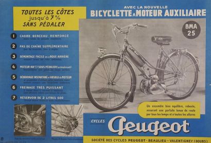 ANONYME CYCLES PEUGEOT.”MOTEUR BMA25” Pub.J.Bazaine - 54 x 79 cm - Entoilée, bon...