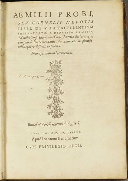 CORNELIUS NEPOS. Aemilii Probi, seu Cornelii Nepotis Liber de Vita excellentium imperatorum,...