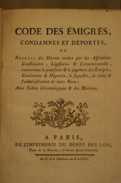 null Code des émigrés condamnés et déportés 1793 
un volume manque un suplément