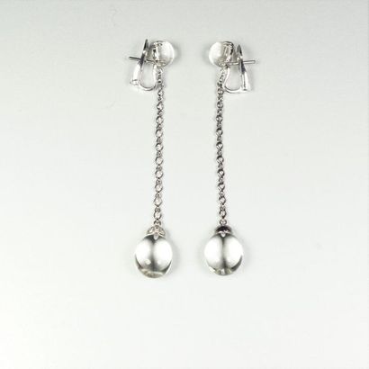 CHANTECLER Pair of long 18K (750/oo) white gold earrings made of a crystal cabochon...