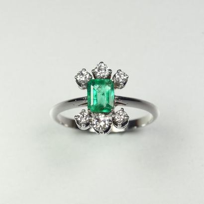null 18K (750/oo) white gold ring centered on a rectangular cut-faceted emerald (slight...