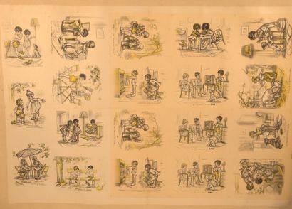 Germaine BOURET Grande planche d’essai non massicotée pour l’impression de 19 illustrations....