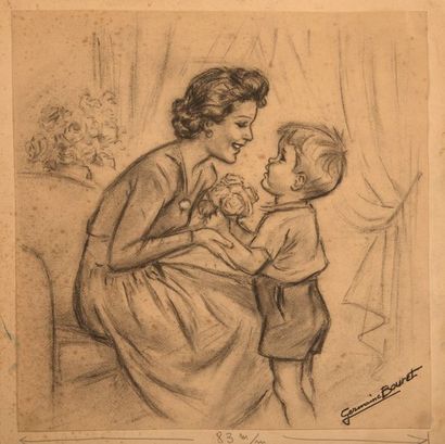 GERMAINE BOURET Petit garçon offrant des fleurs à sa maman.Maquette pour la carte...