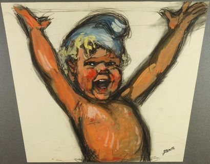 GERMAINE BOURET Enfant au bonnet phrygien. Fusain et gouache sur papier, cachet d’atelier...