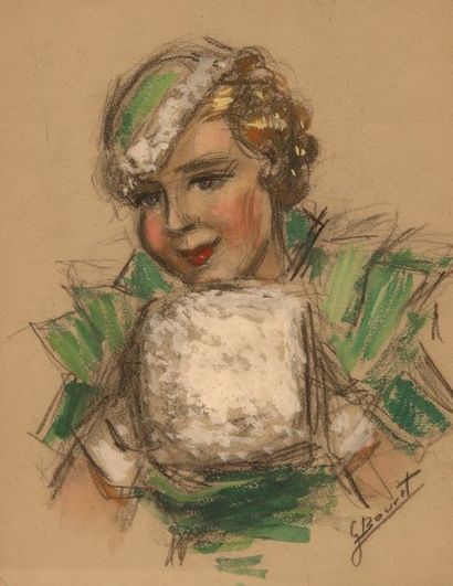 GERMAINE BOURET Étude de femme en vert, c. 1930.Fusain et gouache sur papier, signé...