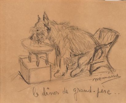 GERMAINE BOURET Deux études de chiens Fusain sur papier, une étude avec cachet d’atelier,...