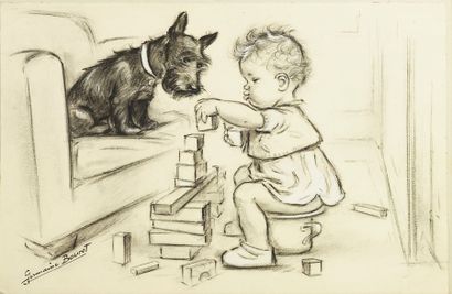 GERMAINE BOURET Bébé jouant aux cubes avec son chien, c. 1935.Fusain et gouache sur...