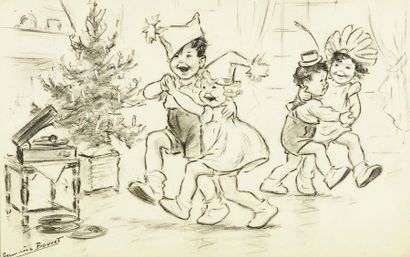 GERMAINE BOURET Bal de Noël, c. 1940.Fusain et gouache sur papier, signé à l’encre...