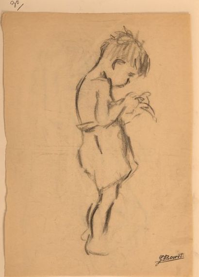 GERMAINE BOURET Études de jeunes garçons.Quatre dessins au fusain sur papier, cachet...