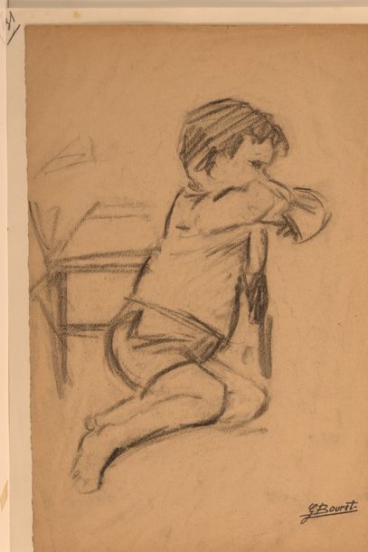GERMAINE BOURET Études de jeunes garçons.Quatre dessins au fusain sur papier, cachet...