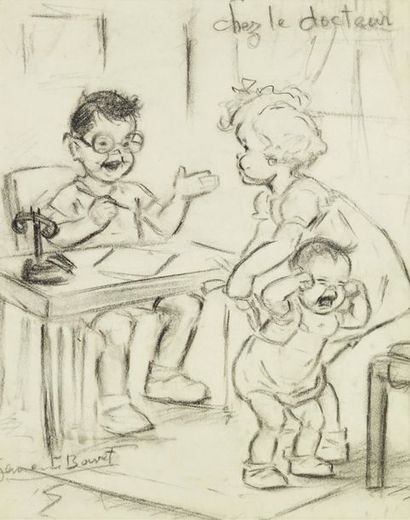GERMAINE BOURET Chez le docteur. c. 1945.Dessin au crayon et fusain sur papier, légendé...