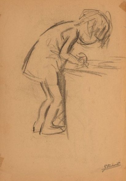 GERMAINE BOURET Études d’enfants.Quatre croquis au fusain sur papier, cachet d’atelier....