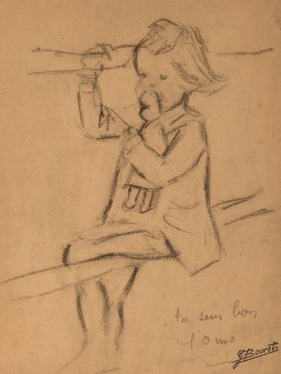 GERMAINE BOURET Études d’enfants.Quatre croquis au fusain sur papier, cachet d’atelier....