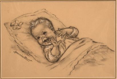 GERMAINE BOURET Étude de bébé dans son berceau.Fusain et pastel sur papier, cachet...