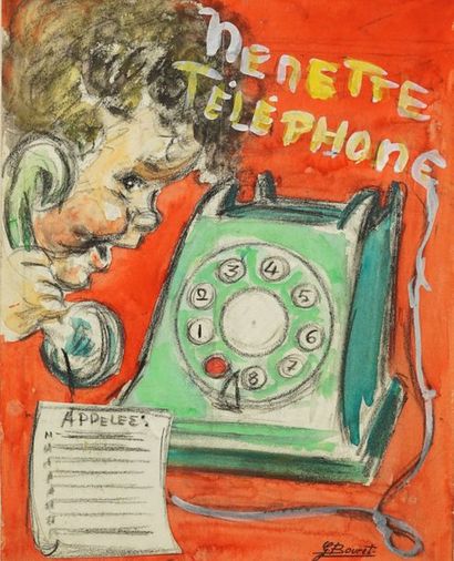 GERMAINE BOURET Projet de couverture pour le livre Nénette téléphone. Fusain et gouache...