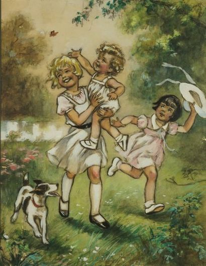 GERMAINE BOURET Trois fillettes et leur chien. Crayon et gouache sur papier, signé...