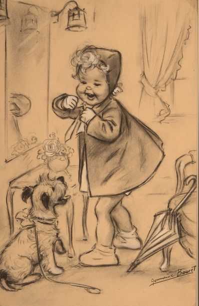 GERMAINE BOURET Fillette et son chien se préparant.Fusain et gouache sur papier,...