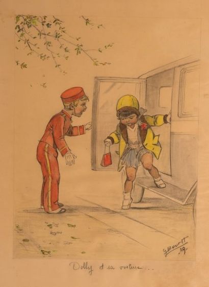 GERMAINE BOURET Dolly et sa voiture, 1929.Crayon et aquarelle sur carton, signé et...