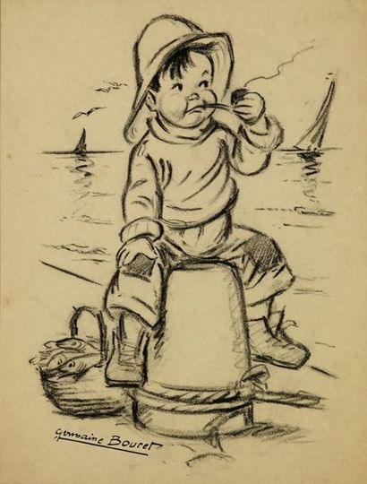 GERMAINE BOURET Le Vieux loup de mer. c.1950Fusain sur papier, signé à l’encre en...