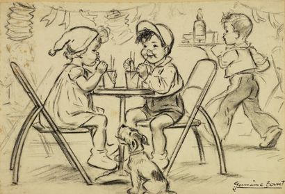 GERMAINE BOURET Enfants au café. Fusain sur papier, signé à l’encre en bas à droite....