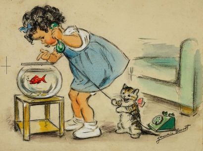 GERMAINE BOURET Fillette au téléphone, poisson rouge et chat. c.1950 Fusain et pastel...