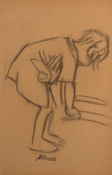 GERMAINE BOURET Études d’enfants.Quatre croquis au fusain sur papier, cachet d’atelier.14,5...