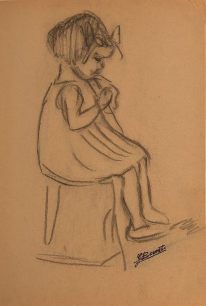 GERMAINE BOURET Études d’enfants.Quatre croquis au fusain sur papier, cachet d’atelier.23,5...