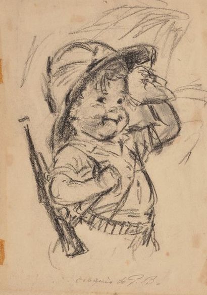 GERMAINE BOURET Jeune chasseur de fauves Fusain sur papier, monté sur carton, annoté...