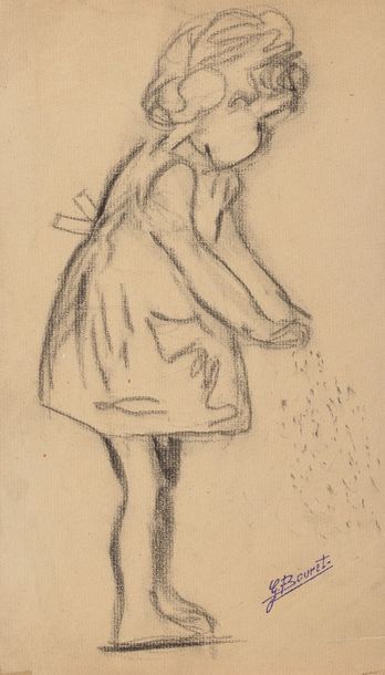 GERMAINE BOURET Etudes de petites filles 4 croquis au fusain sur papier, cachet d’atelier....