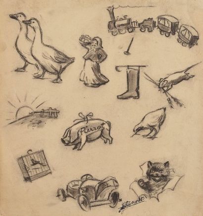 GERMAINE BOURET Ensemble de 4 dessins au fusain sur papier, avec cachet d’atelier...