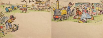 GERMAINE BOURET Le joli train, 1944 Grand dessin original maquette en deux parties...