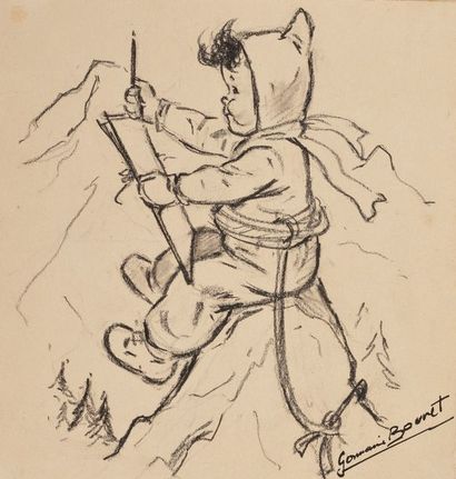 GERMAINE BOURET La Montagne, 1949 Fusain sur papier, monté sur carton avec serpente...