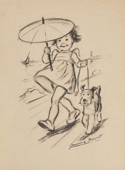 GERMAINE BOURET Promenade à la Plage, c.1950 Fusain sur papier, monté sur carton...