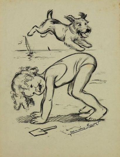 GERMAINE BOURET Saute qui peut, c.1950 Fusain sur papier, monté sur carton, signé...