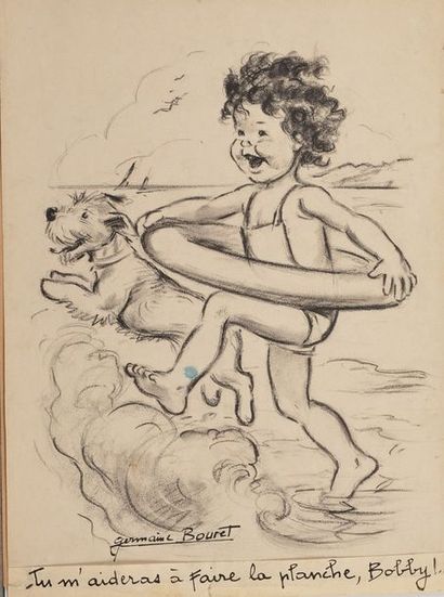 GERMAINE BOURET Tu m’aideras à faire la planche Bobby !... c.1950.Fusain sur papier,...