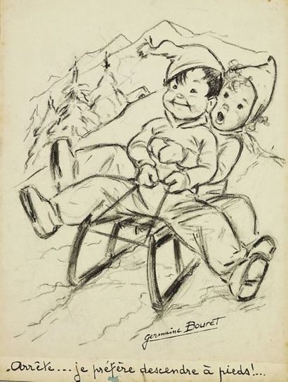 GERMAINE BOURET Arrête …Je préfère descendre à pieds ! c.1950 Fusain sur papier monté...