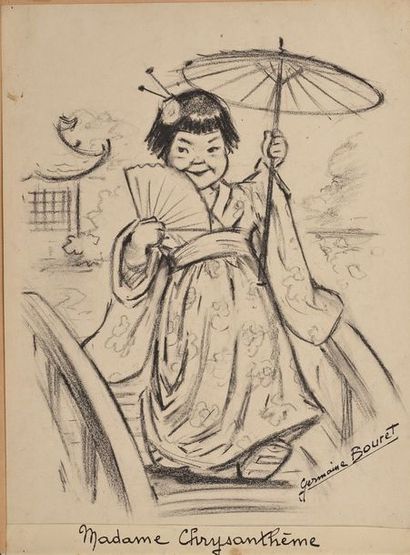 GERMAINE BOURET Madame Chrysanthème. c.1950 Fusain sur papier monté sur carton, légende...