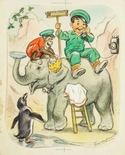 GERMAINE BOURET Au zoo, c. 1950,Fusain, gouache et aquarelle sur papier monté sur...