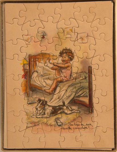 Germaine BOURET (d’après) Boîte de deux puzzles en bois illustrés et leurs modèles...