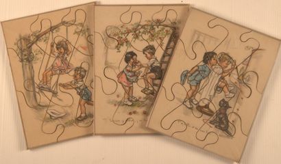 Germaine BOURET (d’après). Ensemble de trois puzzles en bois illustrés, datés 1937-1938....
