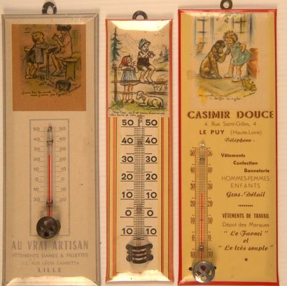 Germaine BOURET (d’après). Un thermomètre en glacoïd illustré avec calendrier. On...