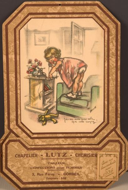 Germaine BOURET (d’après). Lot de quatre cartons publicitaires avec calendriers 1936...