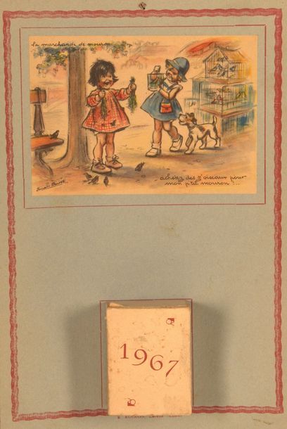 Germaine BOURET (d’après). Lot de deux calendriers perpétuels publicitaires illustrés...