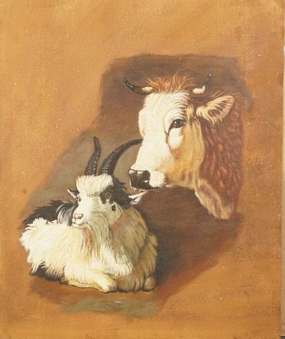 null Vache et chèvre Huile sur papier. 38 x 31.5 cm. Porte au dos la mention Fiammingo...