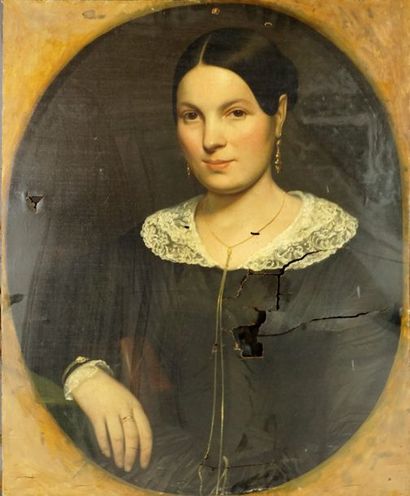 ECOLE FRANCAISE XIXème Portrait of a man. Oil on canvas, a portrait of a woman (accidents)...
