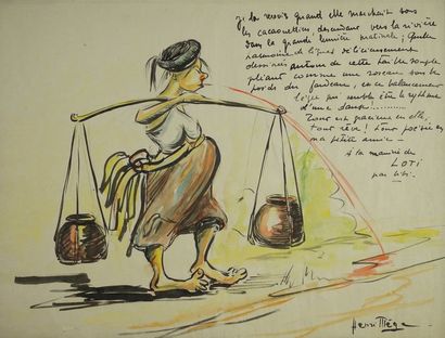 Henri MEGE (1904-1984) Scène animée. Aquarelle et encre sur papier annotée et signée...