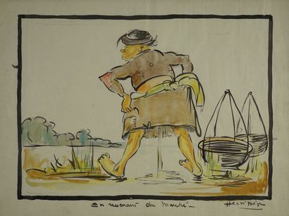 Henri MEGE (1904-1984) En revenant du marché . Aquarelle et encre sur papier signée...