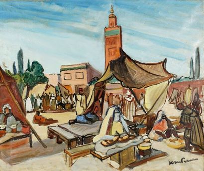 Jehan FRISON (1882-1961) Attribué à. Scène de marché oriental . Huile sur toile signée...